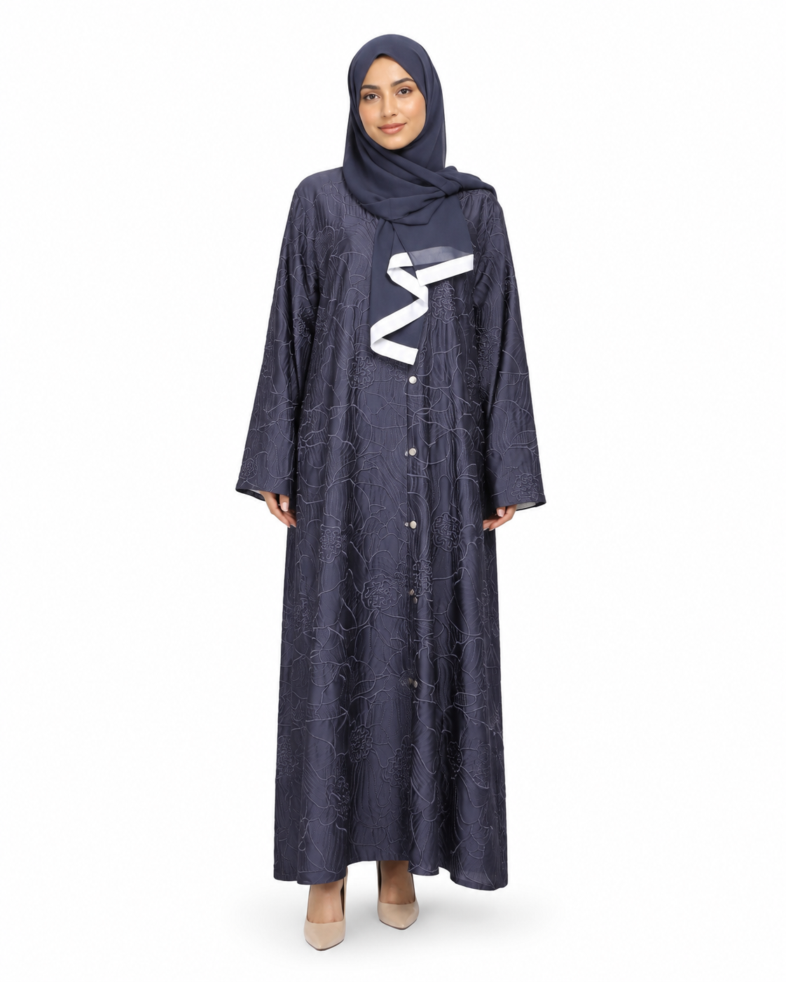 Charcoal Navy Ribbon Detail Front Open Abaya
